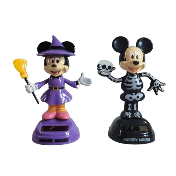 Disney Halloween Mickey Minnie Solar Bobble Figures Set Of 2 Witch Skeleton - Picture 1 of 8